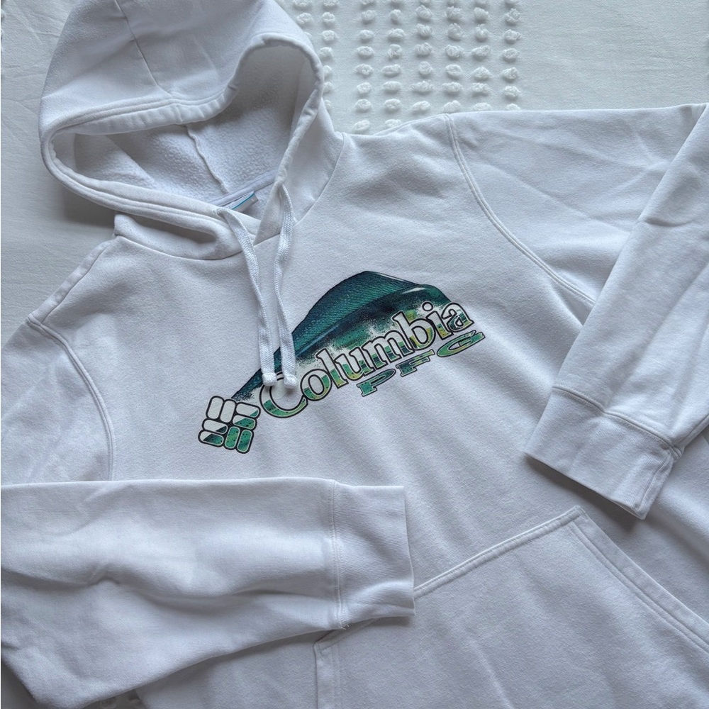 Columbia White PFG Fishing Hoodie • Size Small